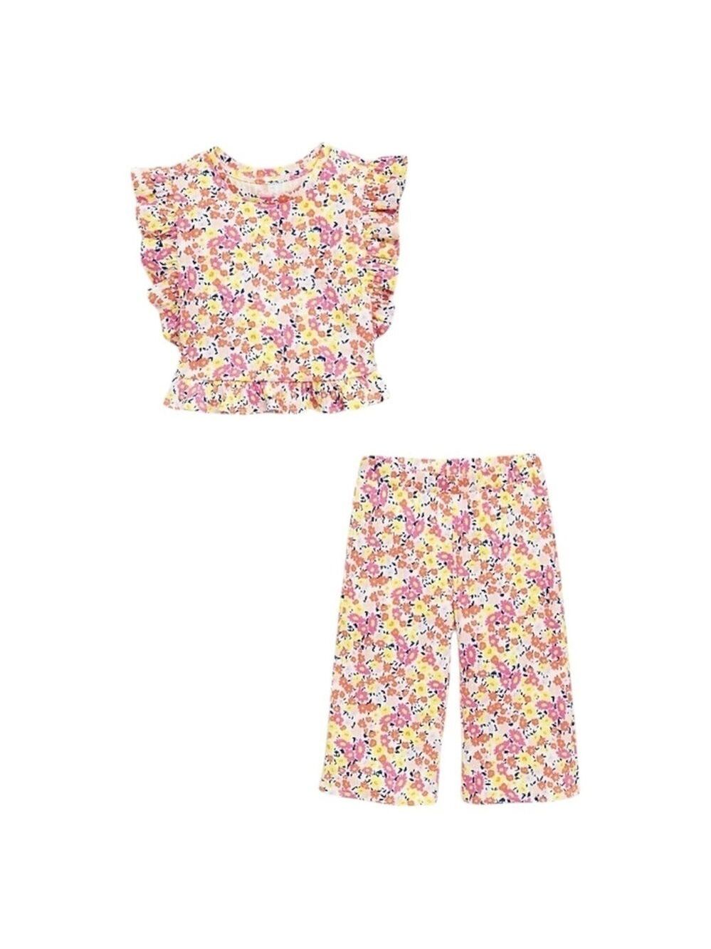 Old Navy Baby Floral Ribbed Short-Sleeve Ruffle-Trim Top and Wide-Leg Pants